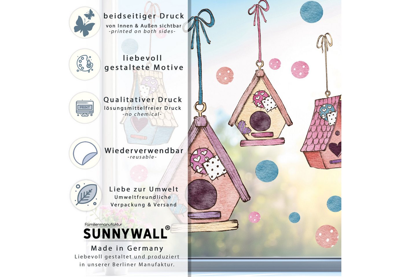 Sunnywall Fensterdekoration wiederverwendbares Fensterbild Vogelhaus niedlich Vogel Häusschen, wiederverwendbar, statisch haftend, beidseitiger Druck Bild 2