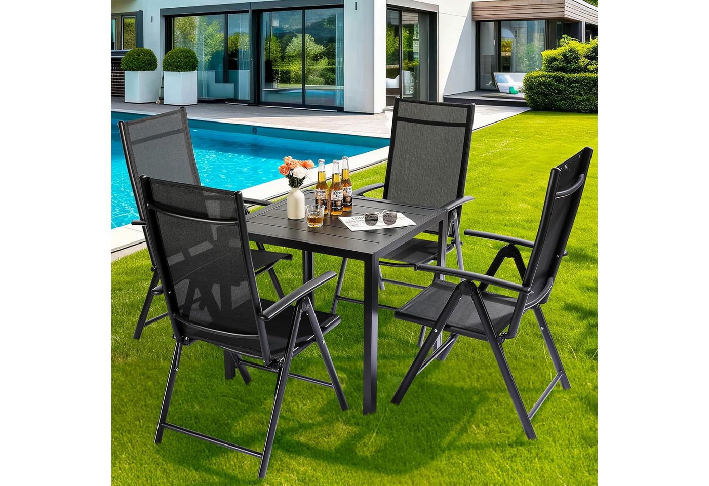 TLGREEN Gartentisch Komplett aus Aluminium, 75x75 cm Balkontisch Wetterfest, (Alu Quadratisch Esstisch,Outdoor Rostfreier Vollmetalltisch), Für Terrassen Garten Balkon, Brettbreite 11cm