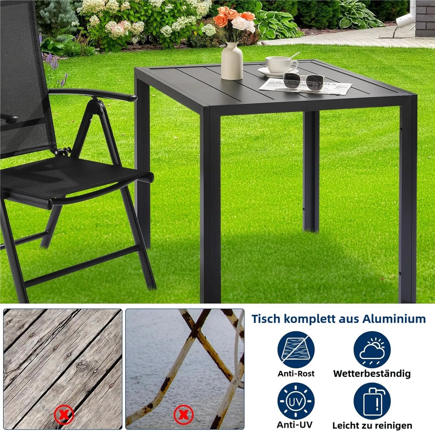 TLGREEN Gartentisch Komplett aus Aluminium, 75x75 cm Balkontisch Wetterfest, (Alu Quadratisch Esstisch,Outdoor Rostfreier Vollmetalltisch), Für Terrassen Garten Balkon, Brettbreite 11cm Bild 2
