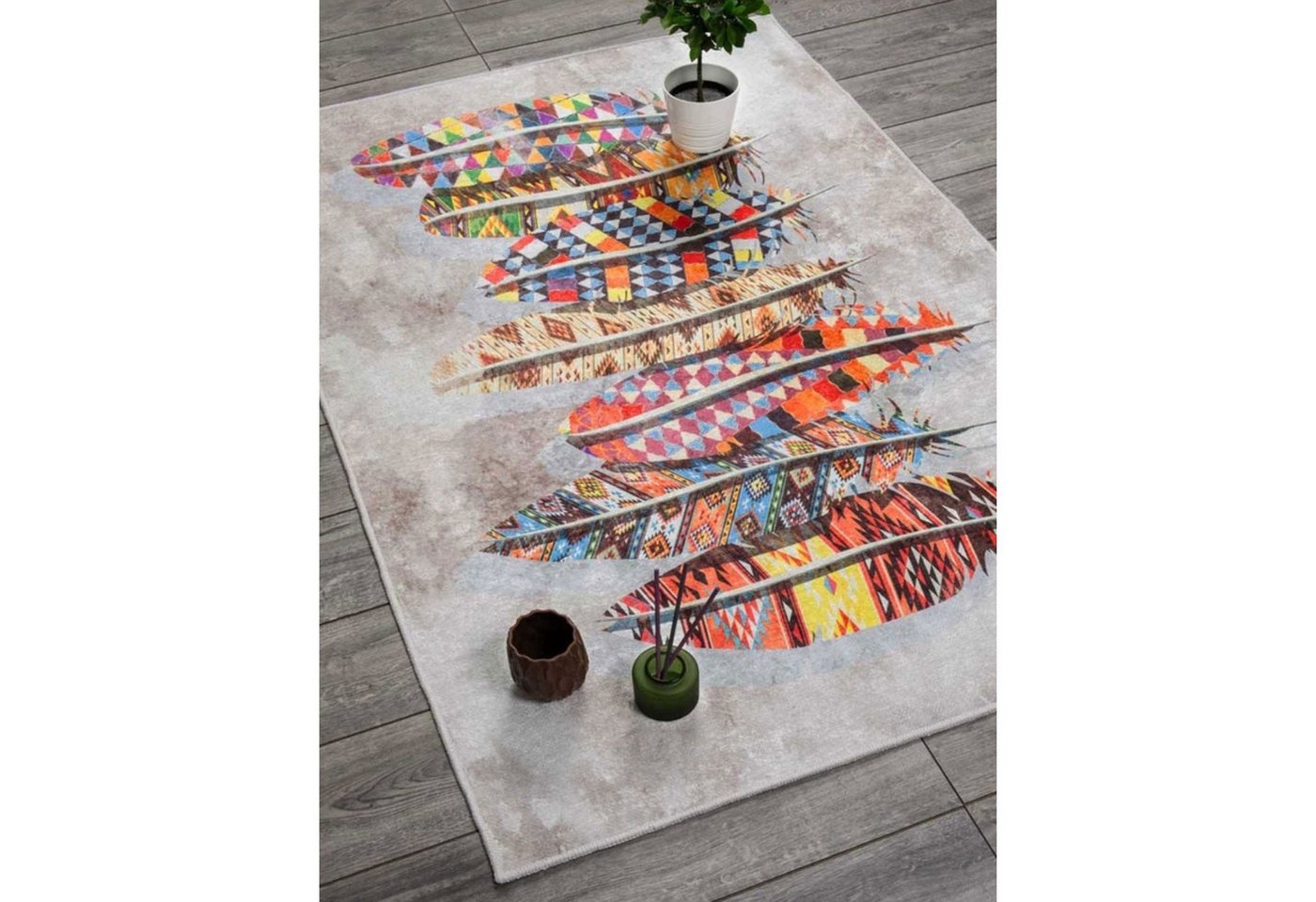 Jungengel Designteppich Modern Multi Feder Wohnzimmer Teppich Läufer Flach Teppichläufer, Rechteckig, Höhe: 8 mm, Waschbar 30°C, 8x Größen, Flache Oberfläche, Saugroboterkomform