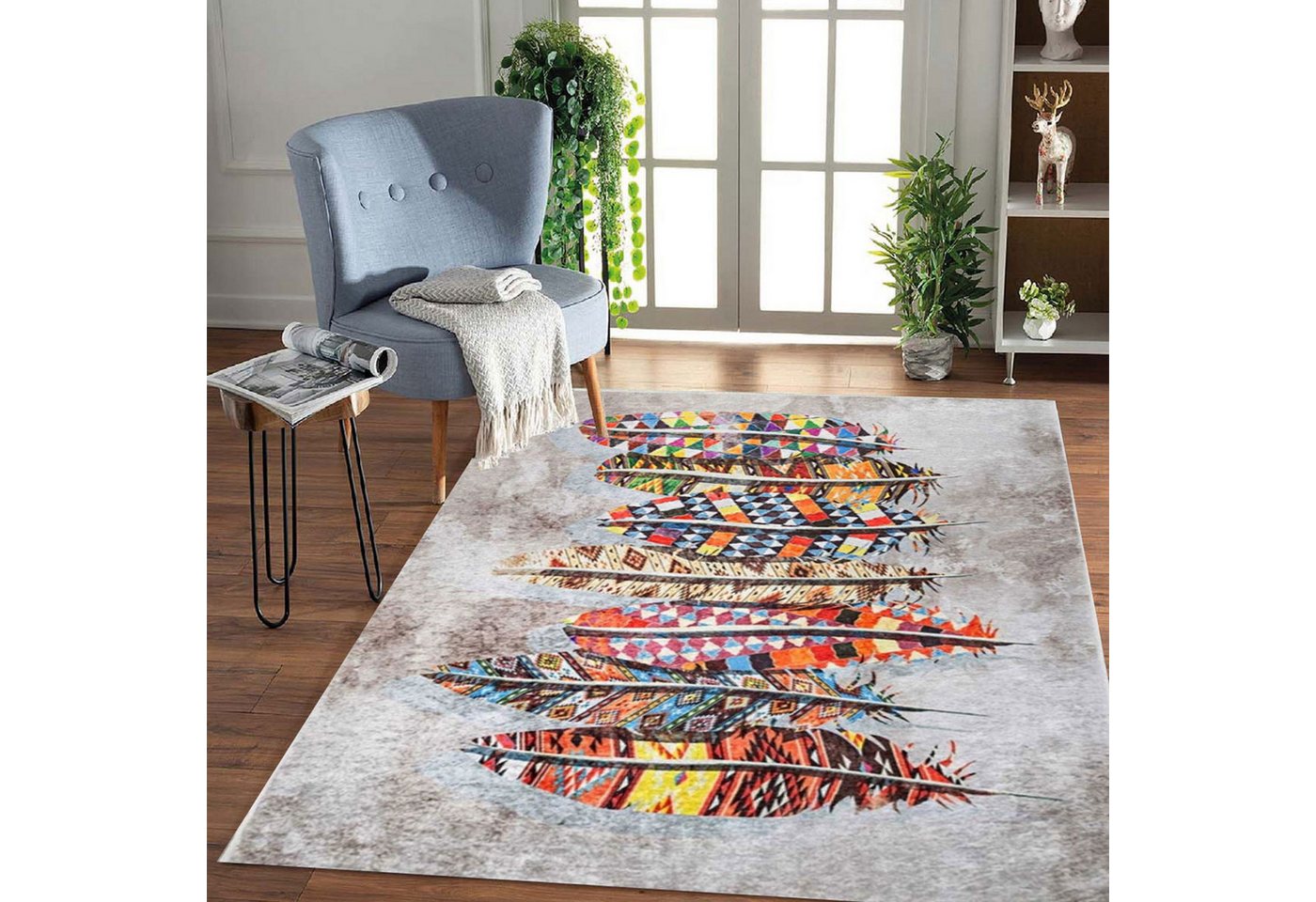 Jungengel Designteppich Modern Multi Feder Wohnzimmer Teppich Läufer Flach Teppichläufer, Rechteckig, Höhe: 8 mm, Waschbar 30°C, 8x Größen, Flache Oberfläche, Saugroboterkomform Bild 2