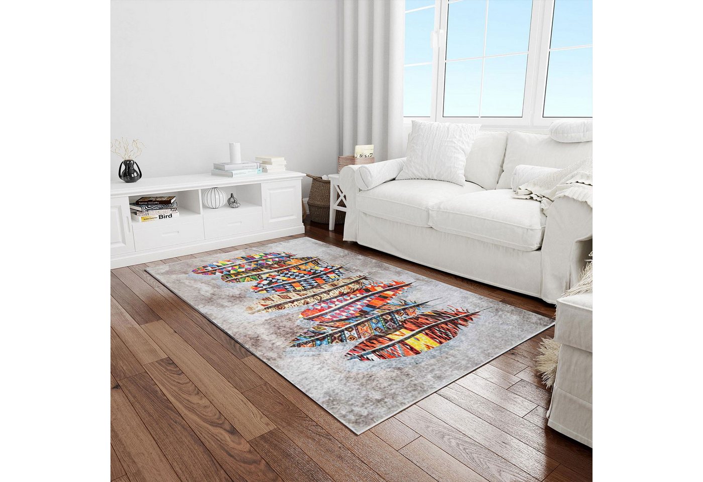 Jungengel Designteppich Modern Multi Feder Wohnzimmer Teppich Läufer Flach Teppichläufer, Rechteckig, Höhe: 8 mm, Waschbar 30°C, 8x Größen, Flache Oberfläche, Saugroboterkomform Bild 4