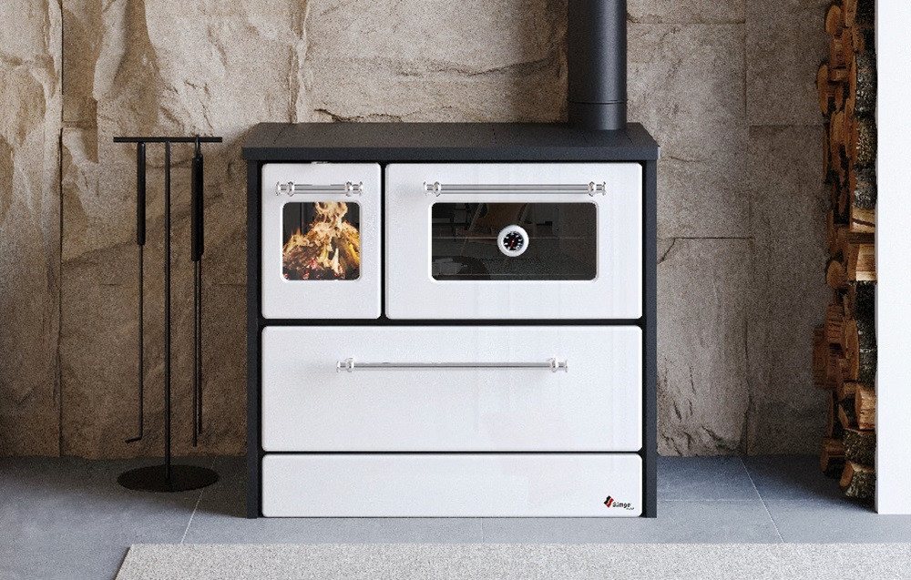 SimgeSoba Festbrennstoffherd EEK A Küchenofen Holzherd 701-G Omega weiß, rechte Version, 9,18 kW