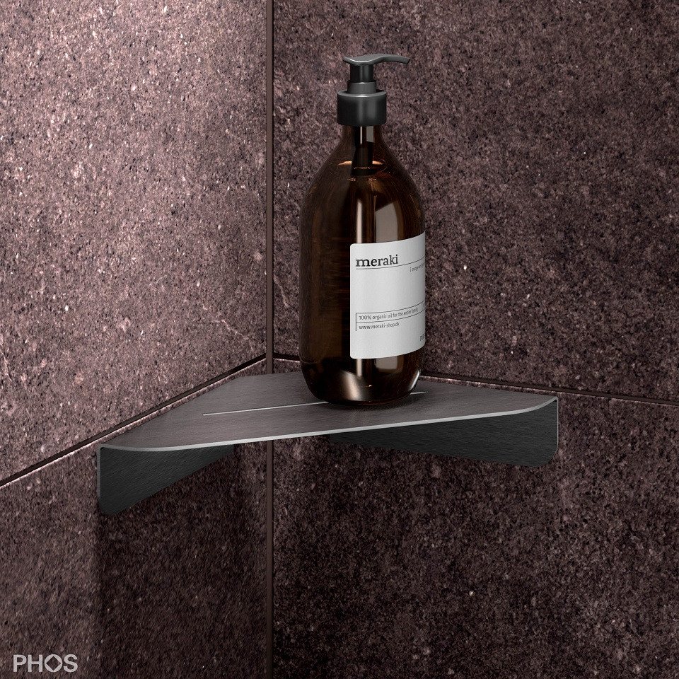 PHOS Design Duschablage, Eck-Duschablage aus Edelstahl zur Wandmontage, Modell: DAE160K, verklebte Wandmontage - 100% Made in Germany