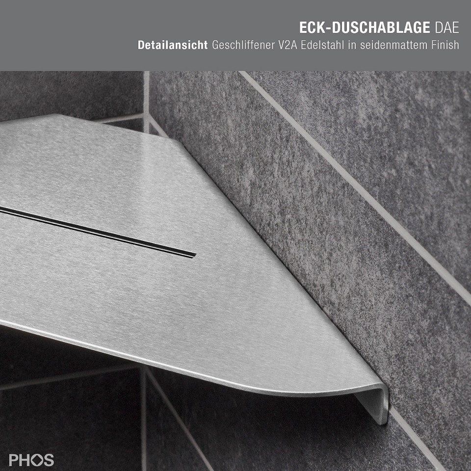 PHOS Design Duschablage, Eck-Duschablage aus Edelstahl zur Wandmontage, Modell: DAE160K, verklebte Wandmontage - 100% Made in Germany Bild 4