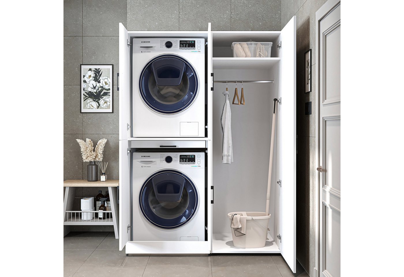 Roomart Waschmaschinenumbauschrank DORA 130 cm – Schrankkombination für Waschmaschine und Trockner (Waschmaschinenschrank DORA für Trockner & Waschmaschine in 4 Farben) Soft-Close, Ausziehplatte für Wäschekorb, Hochschrank, 4 Farben