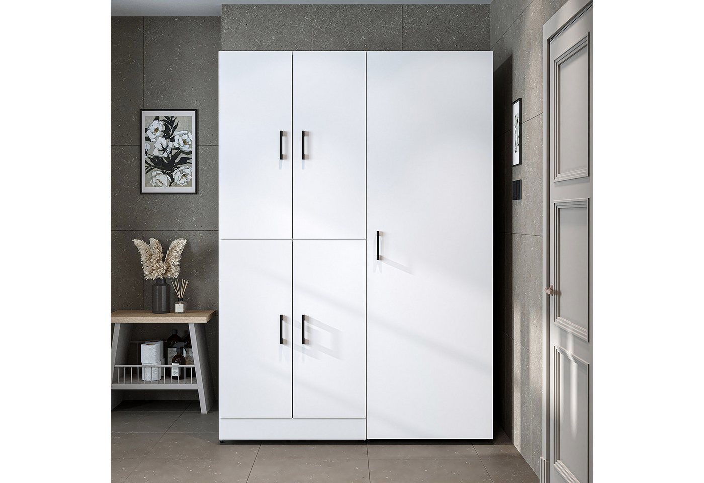 Roomart Waschmaschinenumbauschrank DORA 130 cm – Schrankkombination für Waschmaschine und Trockner (Waschmaschinenschrank DORA für Trockner & Waschmaschine in 4 Farben) Soft-Close, Ausziehplatte für Wäschekorb, Hochschrank, 4 Farben Bild 2