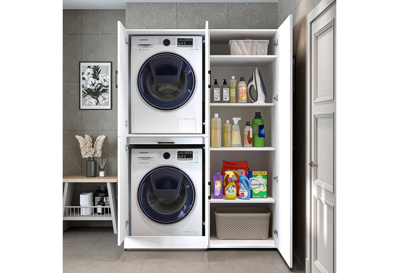 Roomart Waschmaschinenumbauschrank DORA 130 cm – Schrankkombination für Waschmaschine und Trockner (Waschmaschinenschrank DORA für Trockner & Waschmaschine in 4 Farben) Soft-Close, Ausziehplatte für Wäschekorb, Hochschrank, 4 Farben Bild 4