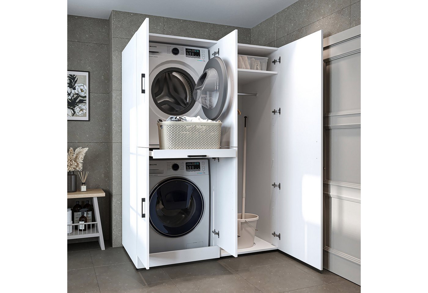 Roomart Waschmaschinenumbauschrank DORA 130 cm – Schrankkombination für Waschmaschine und Trockner (Waschmaschinenschrank DORA für Trockner & Waschmaschine in 4 Farben) Soft-Close, Ausziehplatte für Wäschekorb, Hochschrank, 4 Farben Bild 5