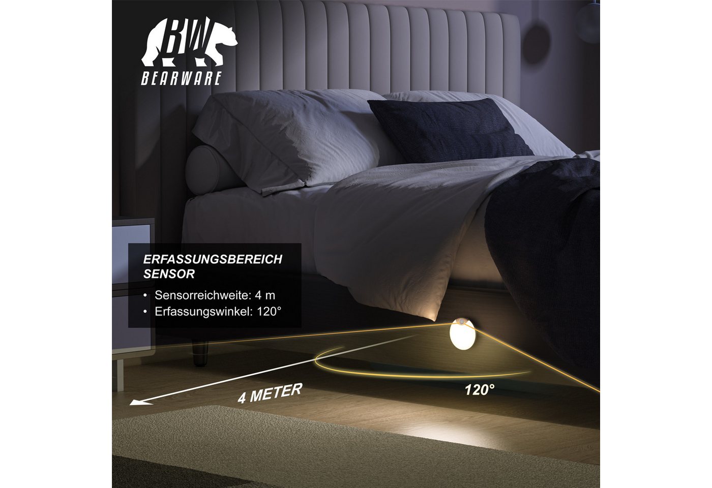 BEARWARE LED Nachtlicht 2x Schranklicht mit Bewegungsmelder, 2er Set, Akku, USB-C, dimmbar, Automatische Ein-/Ausschaltung, Nachtlichtfunktion, LED fest integriert, Neutralweiß, PIR 120°, 4 m, 20 s Timer, 5-50 lm, Lichtsensor, Magnethalterung Bild 2