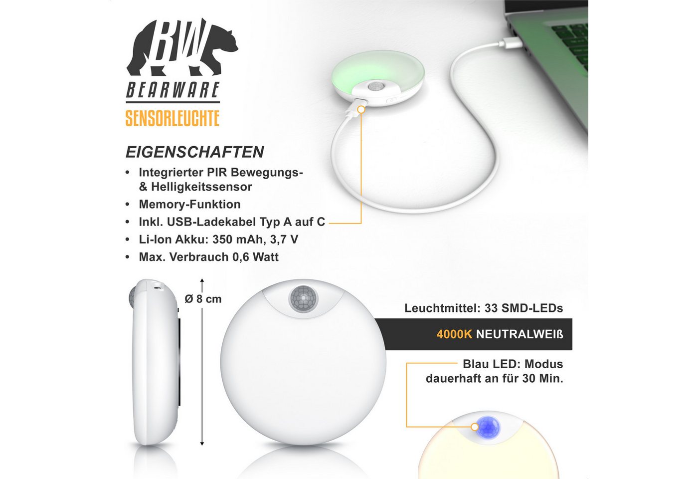 BEARWARE LED Nachtlicht 2x Schranklicht mit Bewegungsmelder, 2er Set, Akku, USB-C, dimmbar, Automatische Ein-/Ausschaltung, Nachtlichtfunktion, LED fest integriert, Neutralweiß, PIR 120°, 4 m, 20 s Timer, 5-50 lm, Lichtsensor, Magnethalterung Bild 4