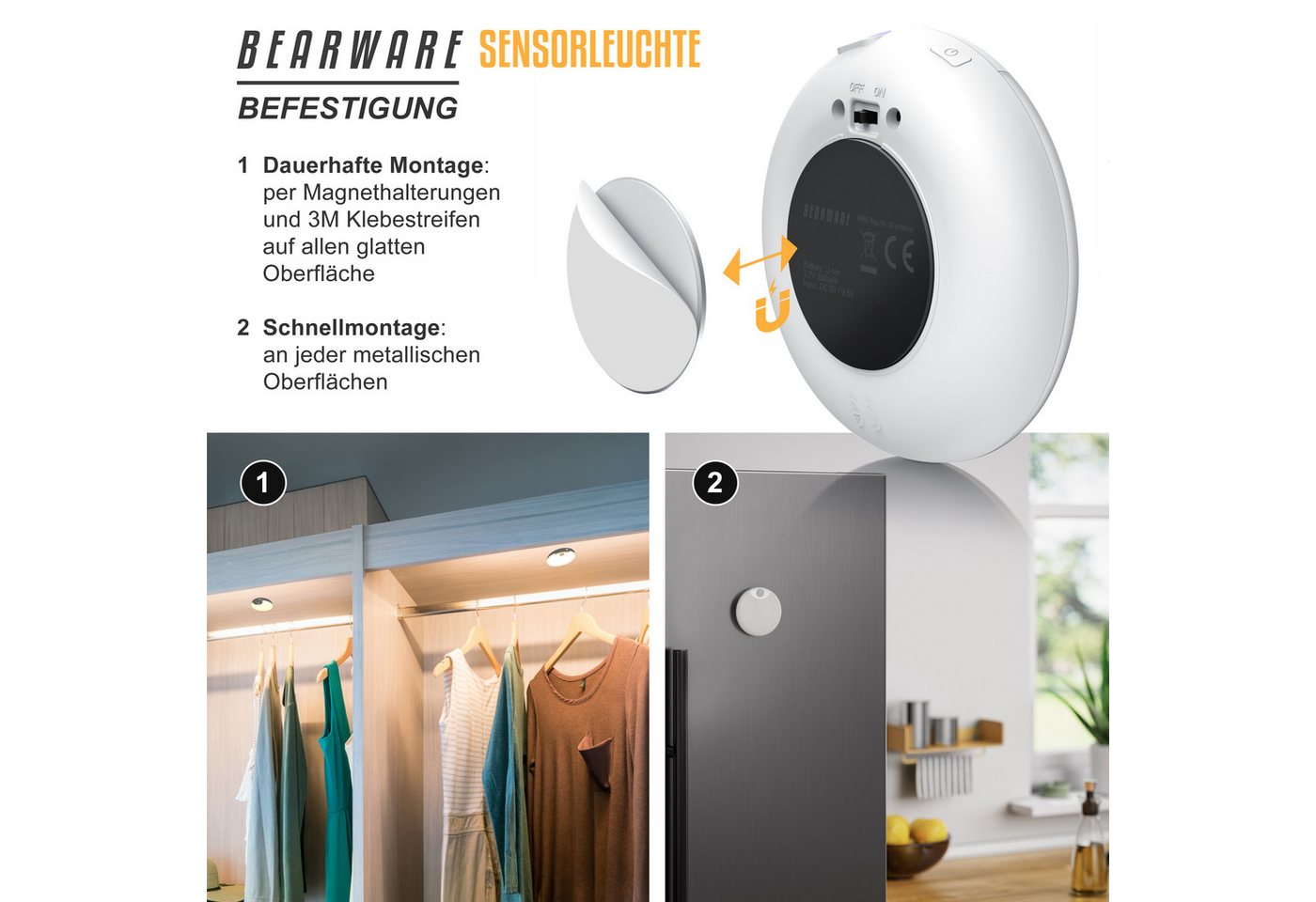 BEARWARE LED Nachtlicht 3x Schranklicht mit Bewegungsmelder, 3er Set, Akku, USB-C, dimmbar, Automatische Ein-/Ausschaltung, Nachtlichtfunktion, LED fest integriert, Neutralweiß, PIR 120°, 4 m, 20 s Timer, 5-50 lm, Lichtsensor, Magnethalterung