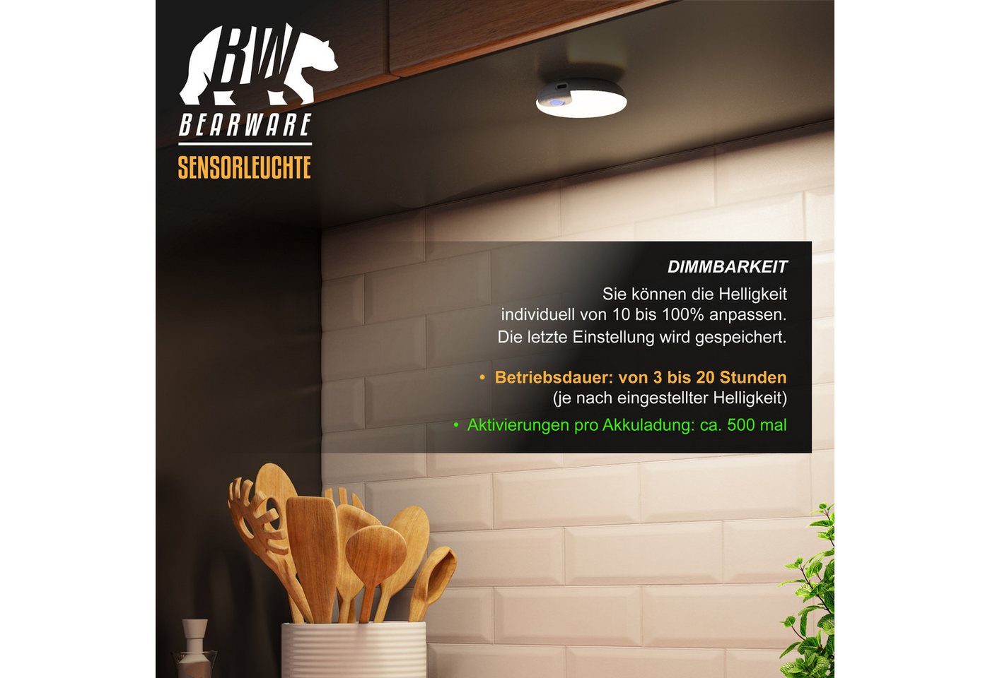 BEARWARE LED Nachtlicht 3x Schranklicht mit Bewegungsmelder, 3er Set, Akku, USB-C, dimmbar, Automatische Ein-/Ausschaltung, Nachtlichtfunktion, LED fest integriert, Neutralweiß, PIR 120°, 4 m, 20 s Timer, 5-50 lm, Lichtsensor, Magnethalterung Bild 5