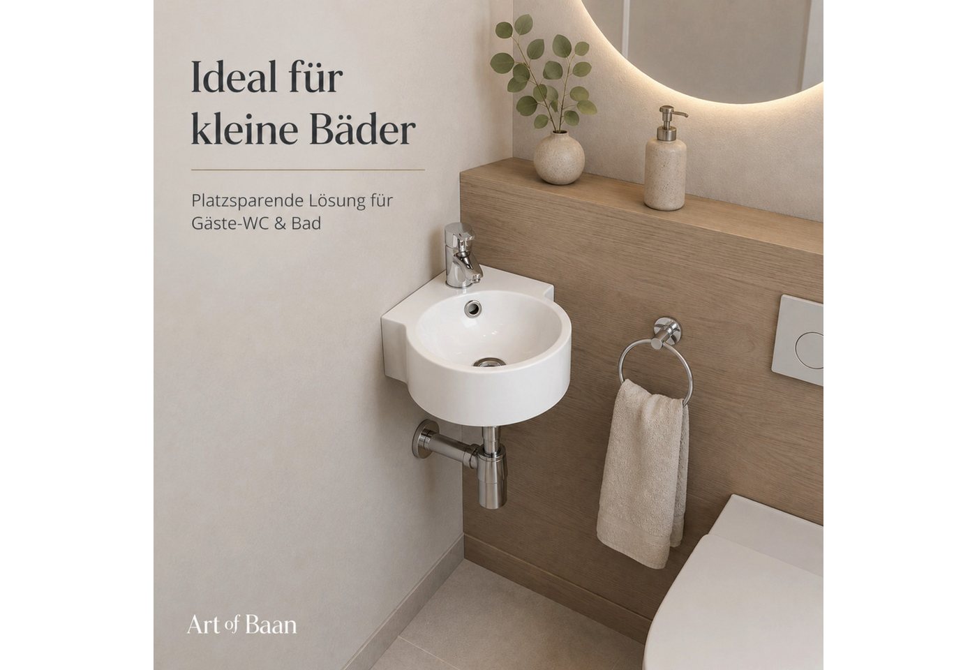 ART OF BAAN Waschbecken Eckwaschbecken 31x44,5 cm – Keramik weiß 44,5x31 cm Gäste-WC