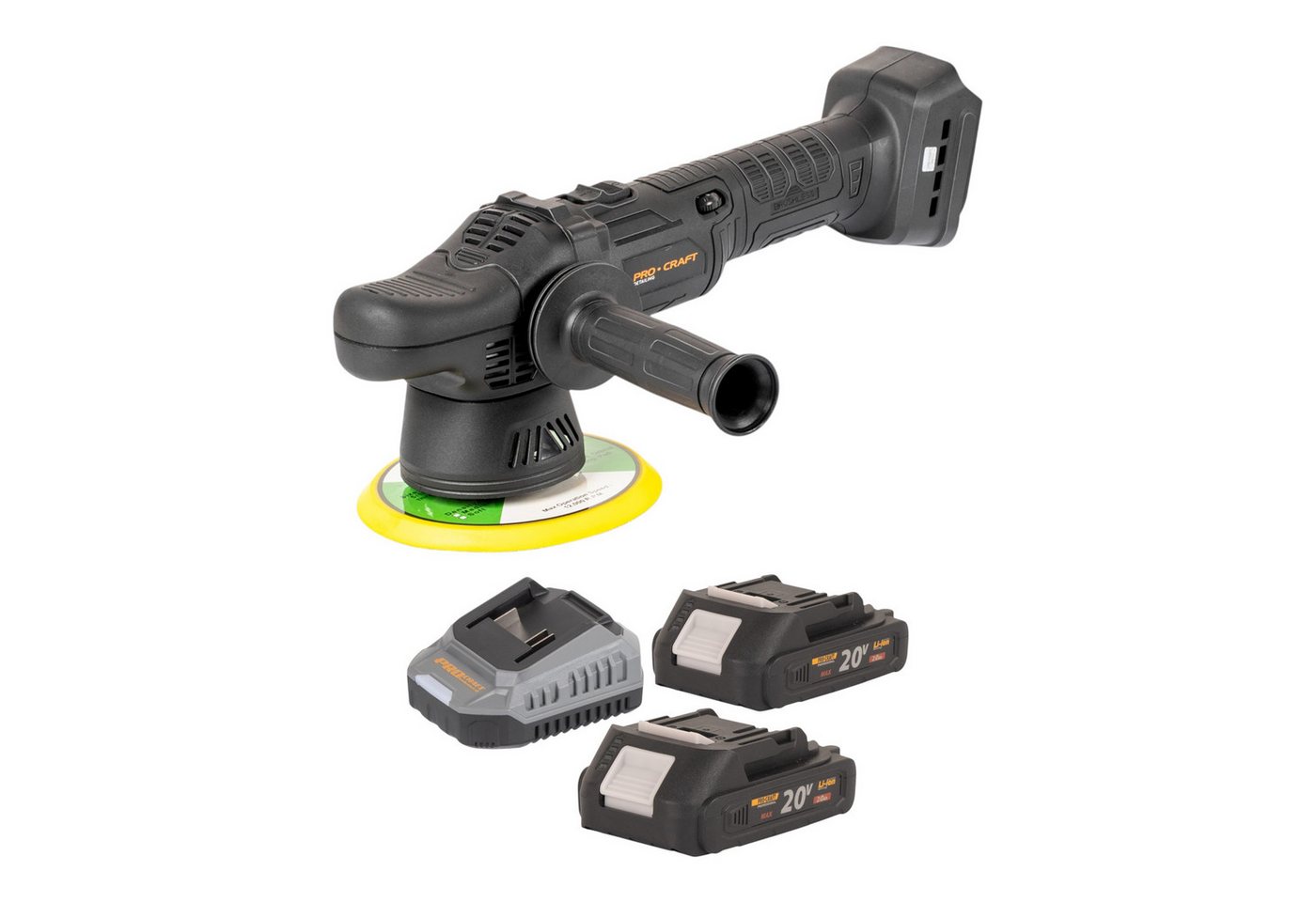 PRO CRAFT Akku-Poliermaschine PM20bb Poliermaschine 20 V 150 mm + 2x Akku 2,0 Ah + Ladegerät
