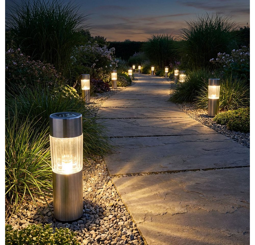 GLOBO LIGHTING LED Gartenleuchte, LED-Leuchtmittel fest verbaut, Warmweiß, 12 LED Edelstahl Solar Leuchten Steck Leuchten Erdspieß Außen Bild 4