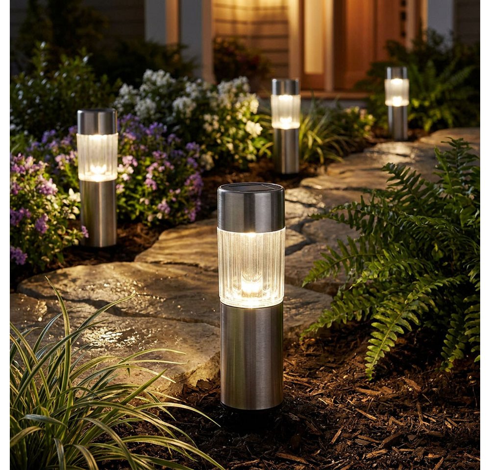 GLOBO LIGHTING LED Gartenleuchte, LED-Leuchtmittel fest verbaut, Warmweiß, 12 LED Edelstahl Solar Leuchten Steck Leuchten Erdspieß Außen Bild 5