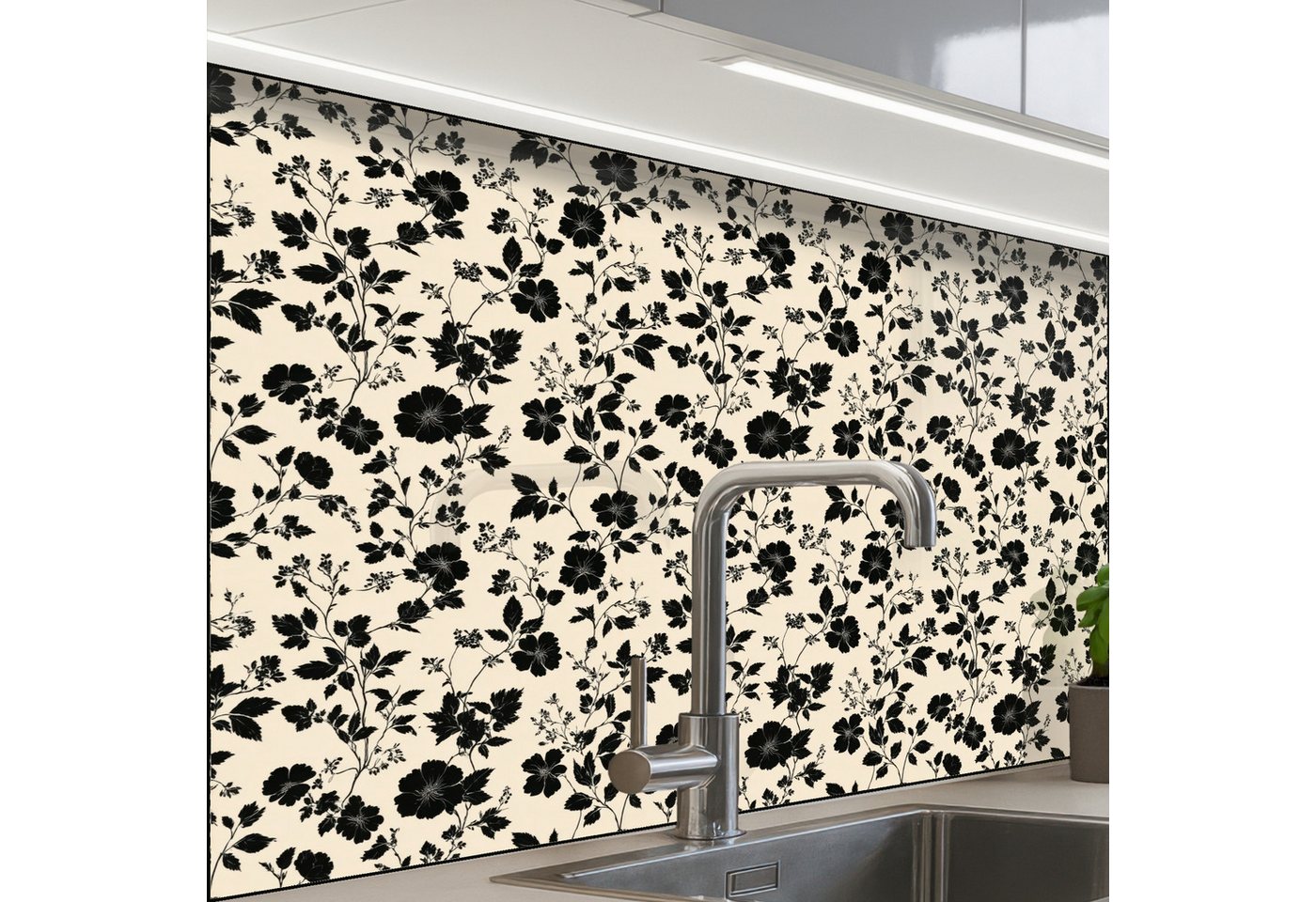 KitchenYeah Küchenrückwand Muster selbstklebend (keine Folie) Blumen - Muster - Schwarz, (1-tlg), Spritzschutz, Küche, Rückwand, Küchenwand, Küchenfront, 30x20 cm Bild 2