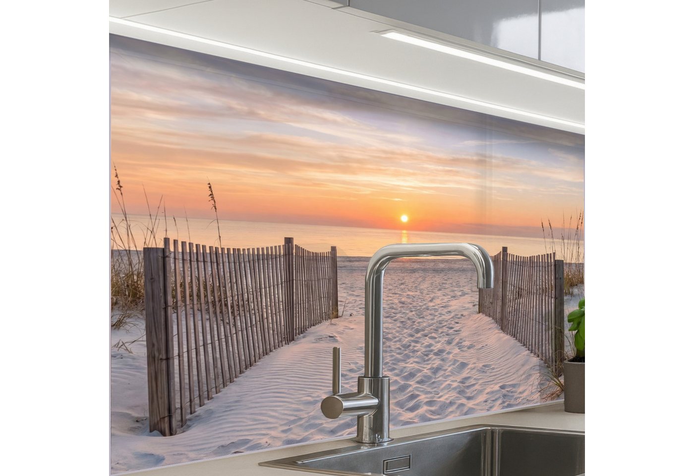 KitchenYeah Küchenrückwand Muster selbstklebend (keine Folie) Sonnenuntergang - Strand - Sand, (1-tlg), Spritzschutz, Küche, Rückwand, Küchenwand, Küchenfront, 30x20 cm