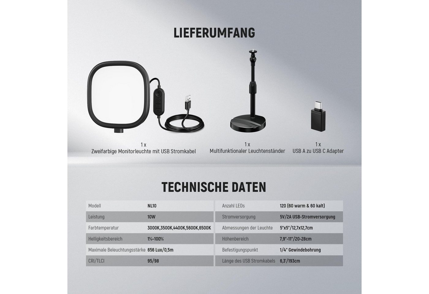 Neewer Videoleuchte NL10 5" Tisch Videolicht für Videoanrufe Vollbild licht mit Ständer, 10W zweifarbige, Edge Lit Videokonferenz Licht für Laptop Webcam Bild 3