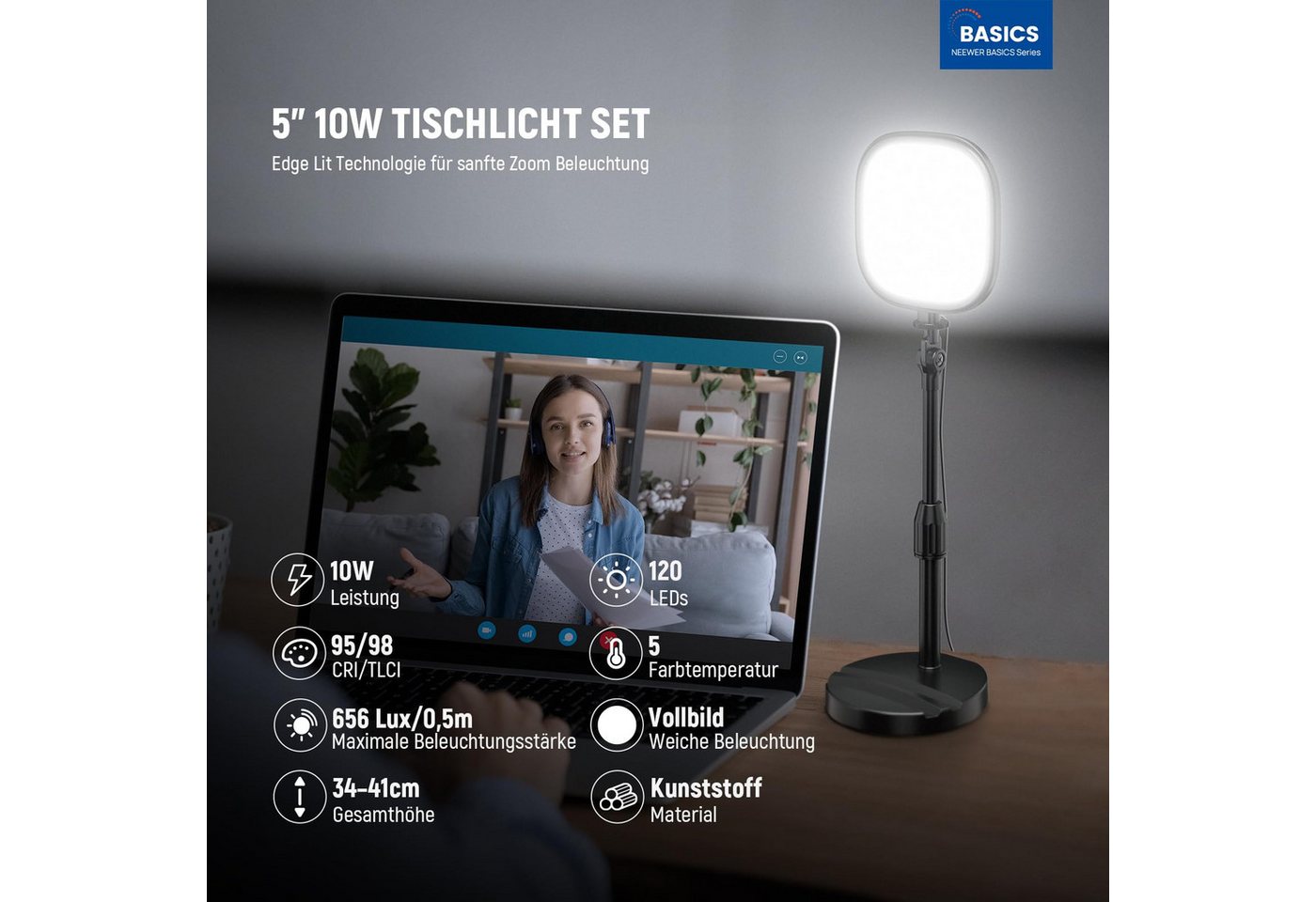 Neewer Videoleuchte NL10 5" Tisch Videolicht für Videoanrufe Vollbild licht mit Ständer, 10W zweifarbige, Edge Lit Videokonferenz Licht für Laptop Webcam Bild 4