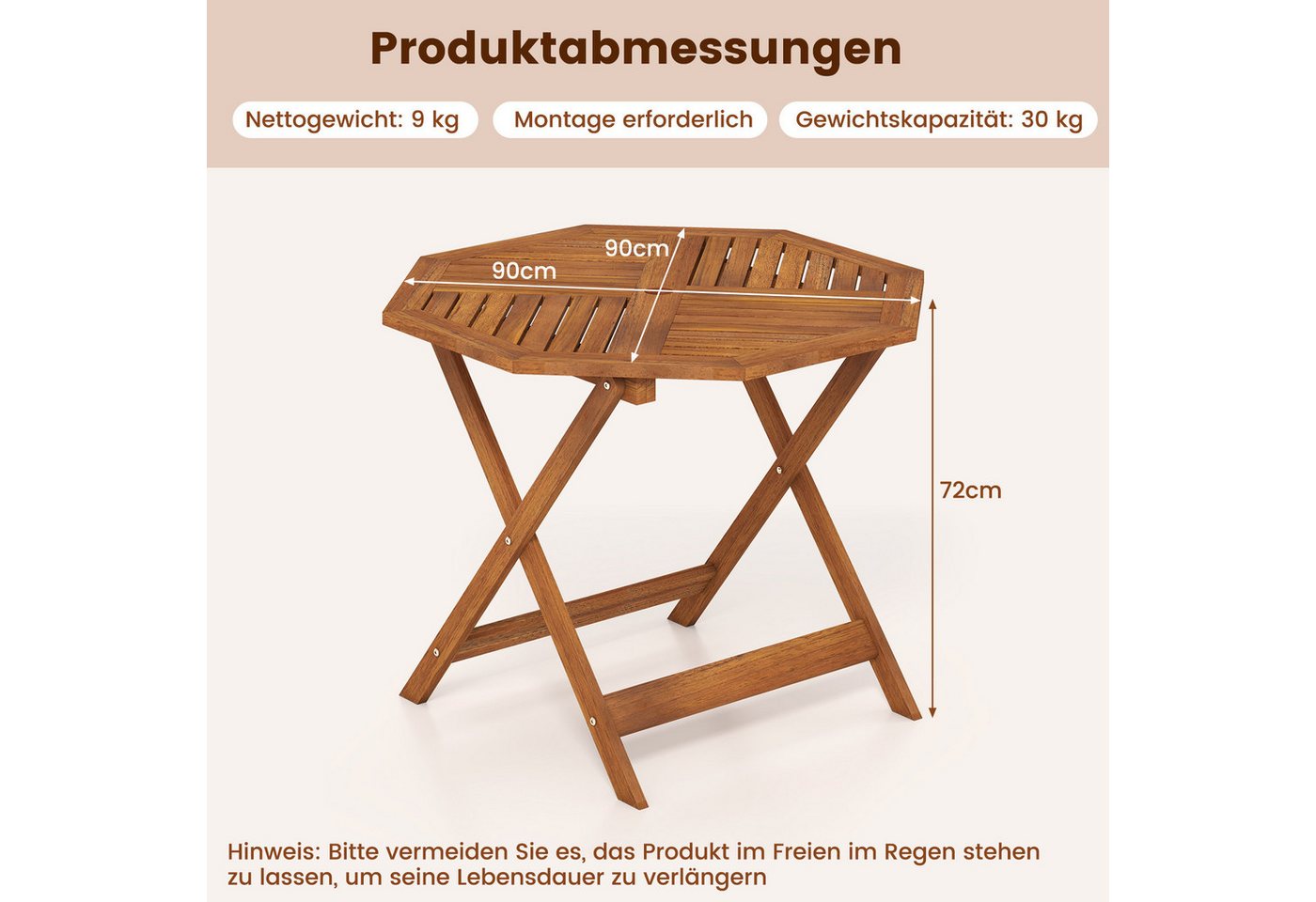 COSTWAY Gartentisch, 90cm Balkontisch mit Schirmloch, achteckiger Holztisch