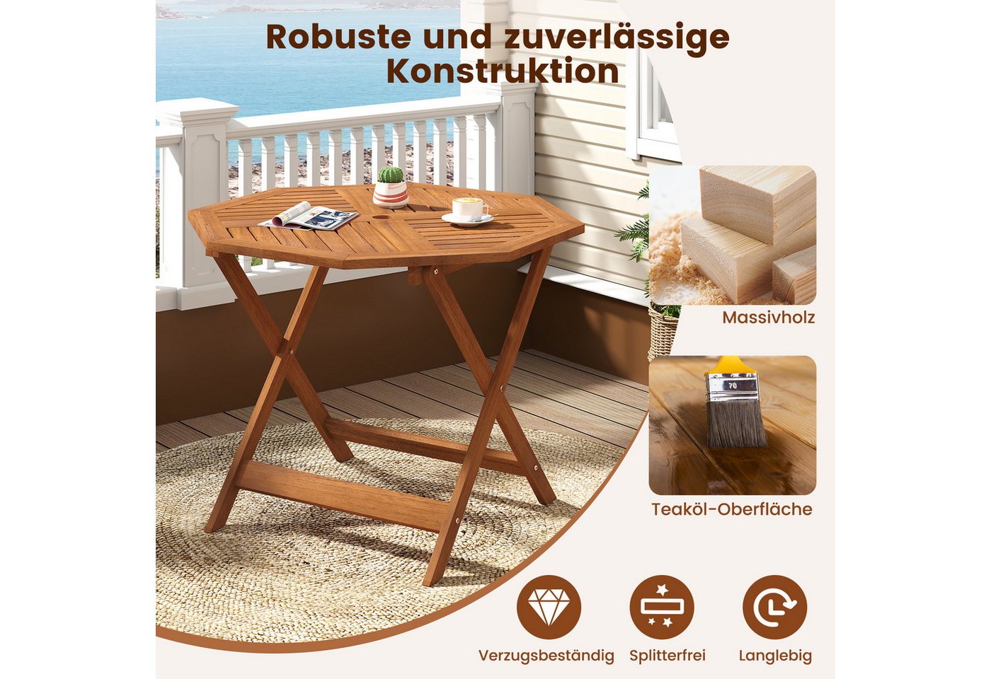 COSTWAY Gartentisch, 90cm Balkontisch mit Schirmloch, achteckiger Holztisch Bild 2