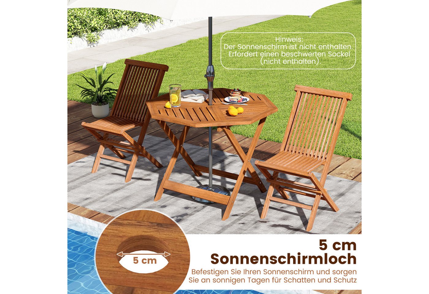 COSTWAY Gartentisch, 90cm Balkontisch mit Schirmloch, achteckiger Holztisch Bild 4