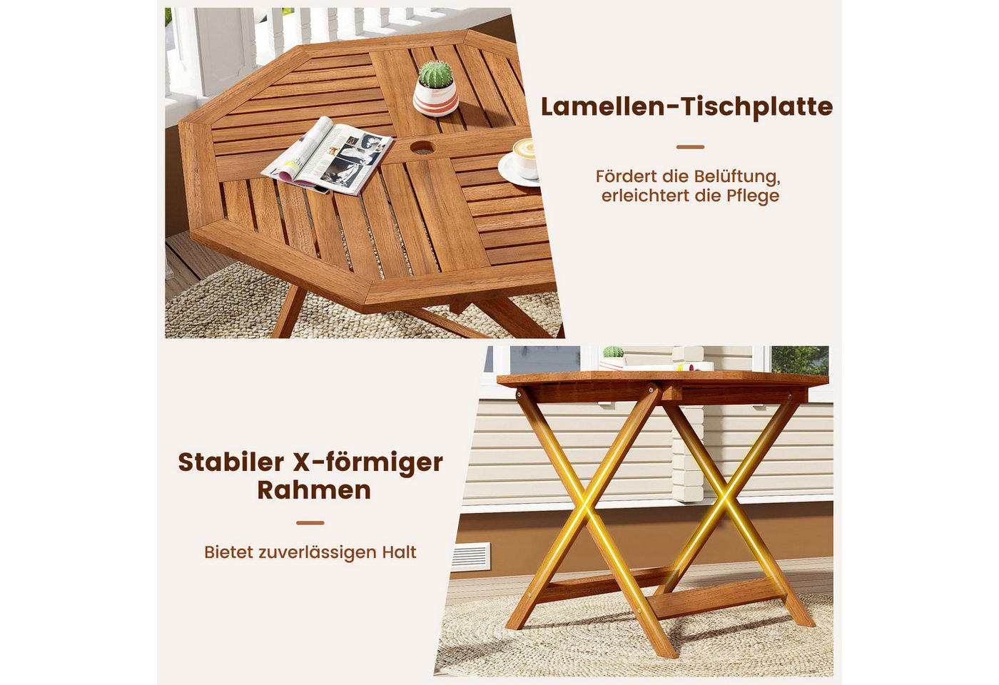 COSTWAY Gartentisch, 90cm Balkontisch mit Schirmloch, achteckiger Holztisch Bild 5