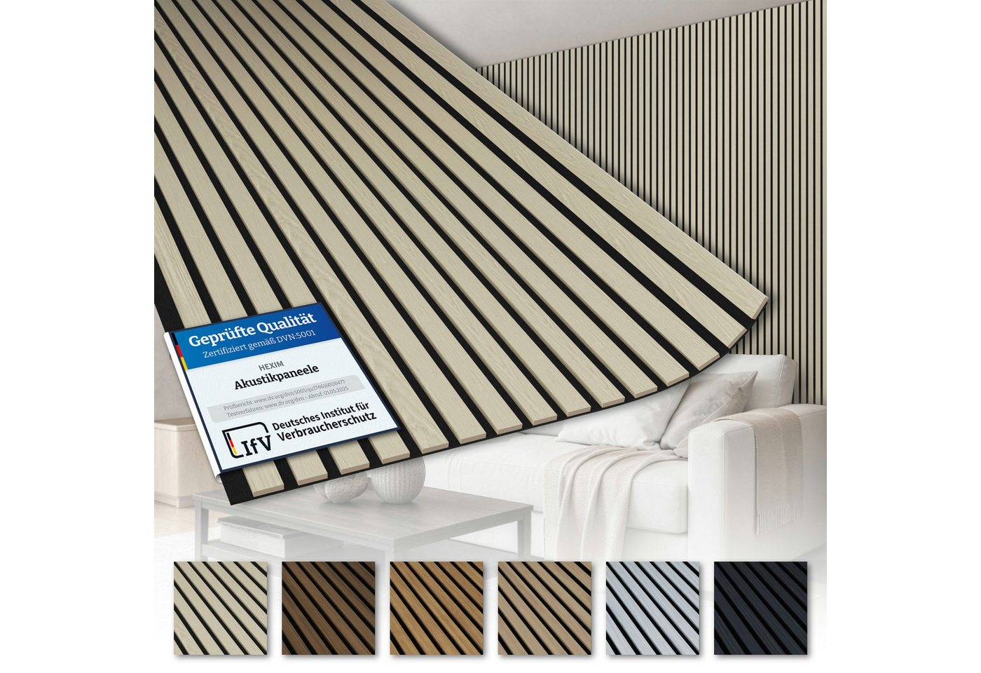 AKUSTIKO Wanddekoobjekt AK03 (Lamella Akustikpaneele 4 Stück 280x60cm - flexible Filz MDF Wandpaneele fugenlos - überlappende Holz Lamellenwand, Premium Paneele - Akustik Wandverkleidung von HEXIM (6.72m² White Ash) Bild 2