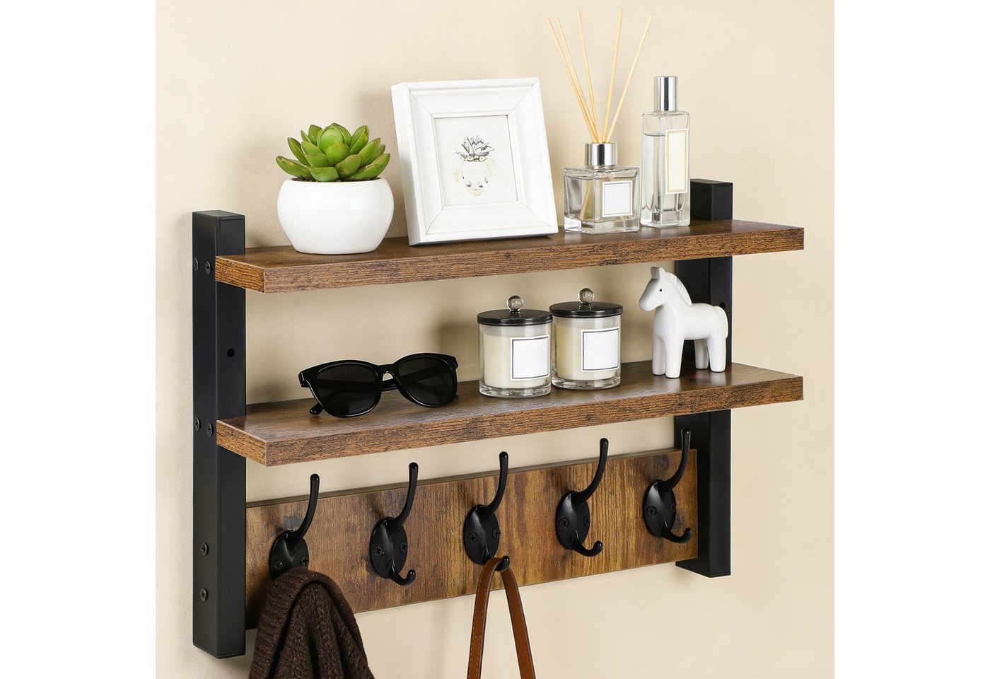 JOYOLEDER Wandgarderobe Garderobenleiste Holz mit 2 Ablage, 5 Metallhaken, Wandgarderobe (Holz Wand für Flure, Garderoben, Wohnzimmer und Badezimmer, Retro Kleiderhaken Regal)