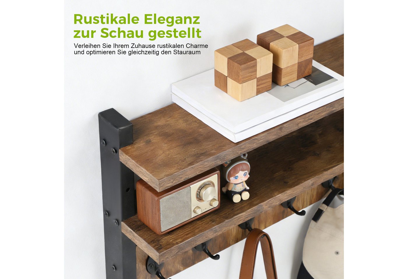 JOYOLEDER Wandgarderobe Garderobenleiste Holz mit 2 Ablage, 5 Metallhaken, Wandgarderobe (Holz Wand für Flure, Garderoben, Wohnzimmer und Badezimmer, Retro Kleiderhaken Regal) Bild 5