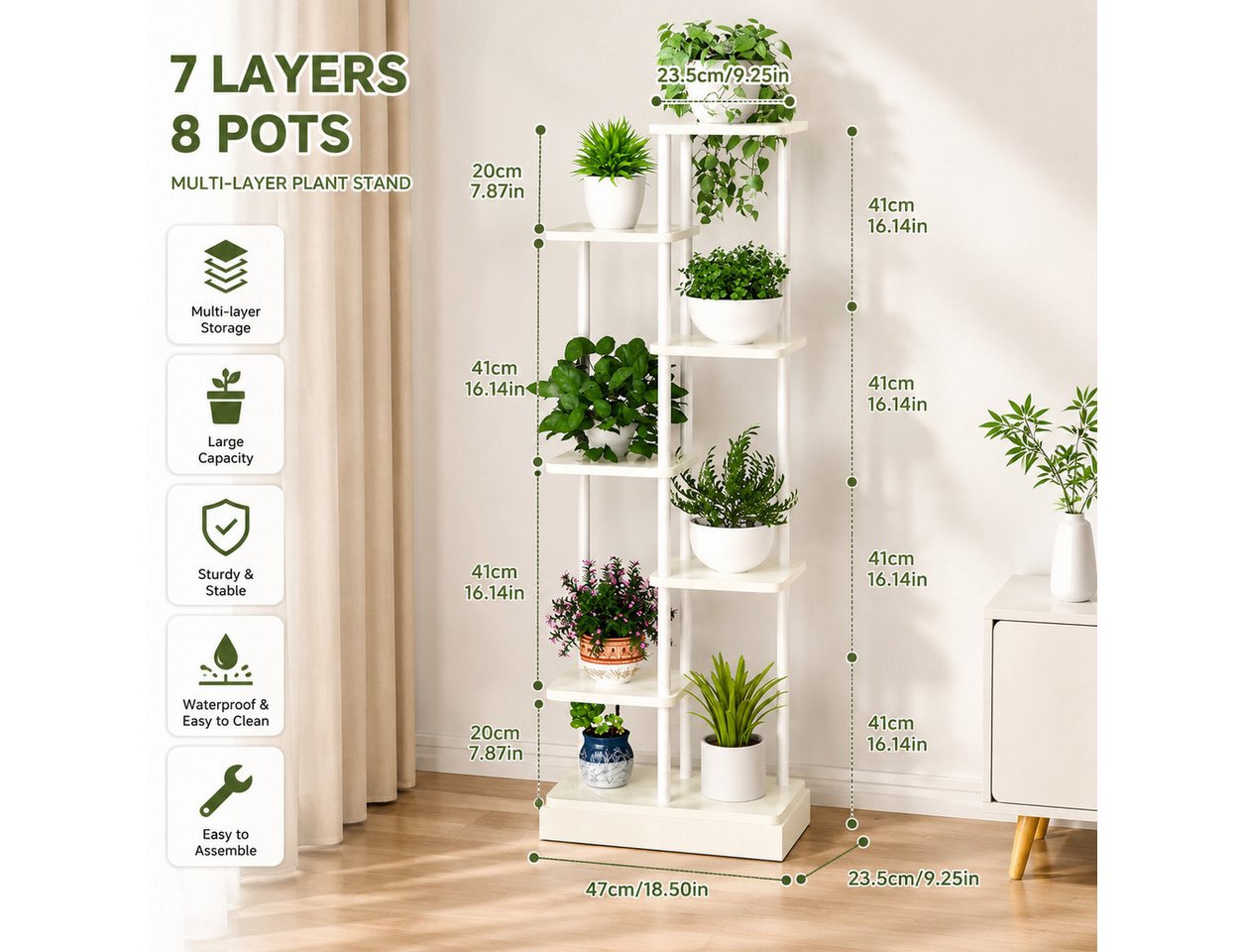 Nagham Ghazal Aswad Blumenständer Pflanzenregal 7 Ebenen, 7-stufiges Pflanzenregal mit 8 Pflanzentopf-Stellflächen