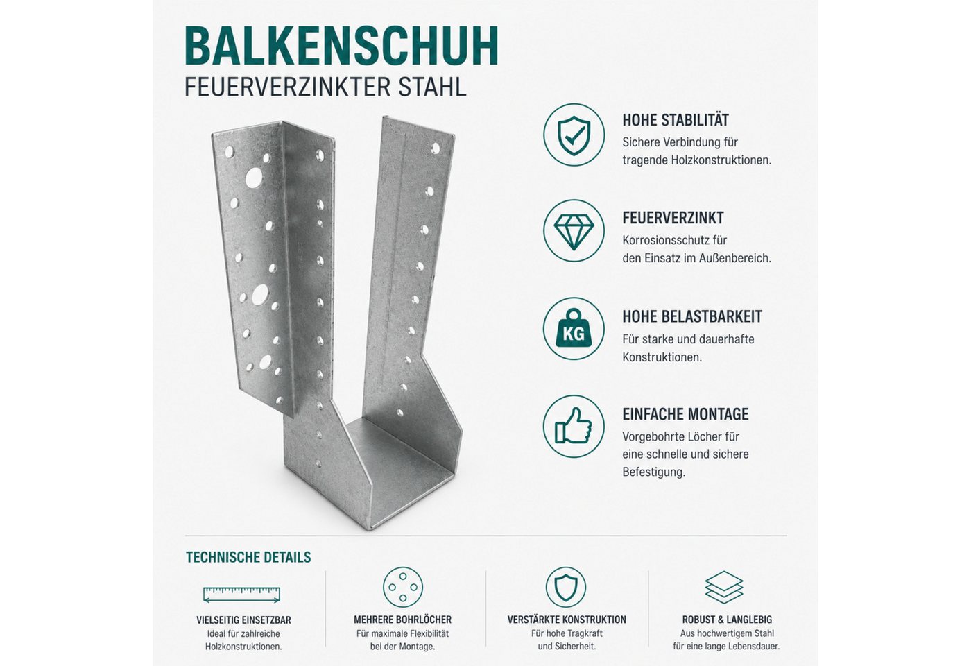 Torvon Balkenschuh 10 Stück Feuerverzinkt Balkenträger Holzverbinder für Carport, Pergola, LxB: 117.5x25 mm Bild 5