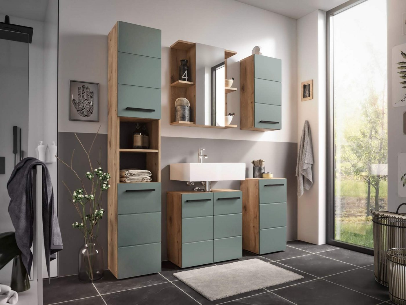 moebel-dich-auf Badezimmer-Set VALENCIA, (Hochschrank, Waschbeckenunterschrank, Spiegelschrank, Hängeschrank, Kommode, MDF-Fronten tiefgezogen, Korpus melaminbeschichtet)