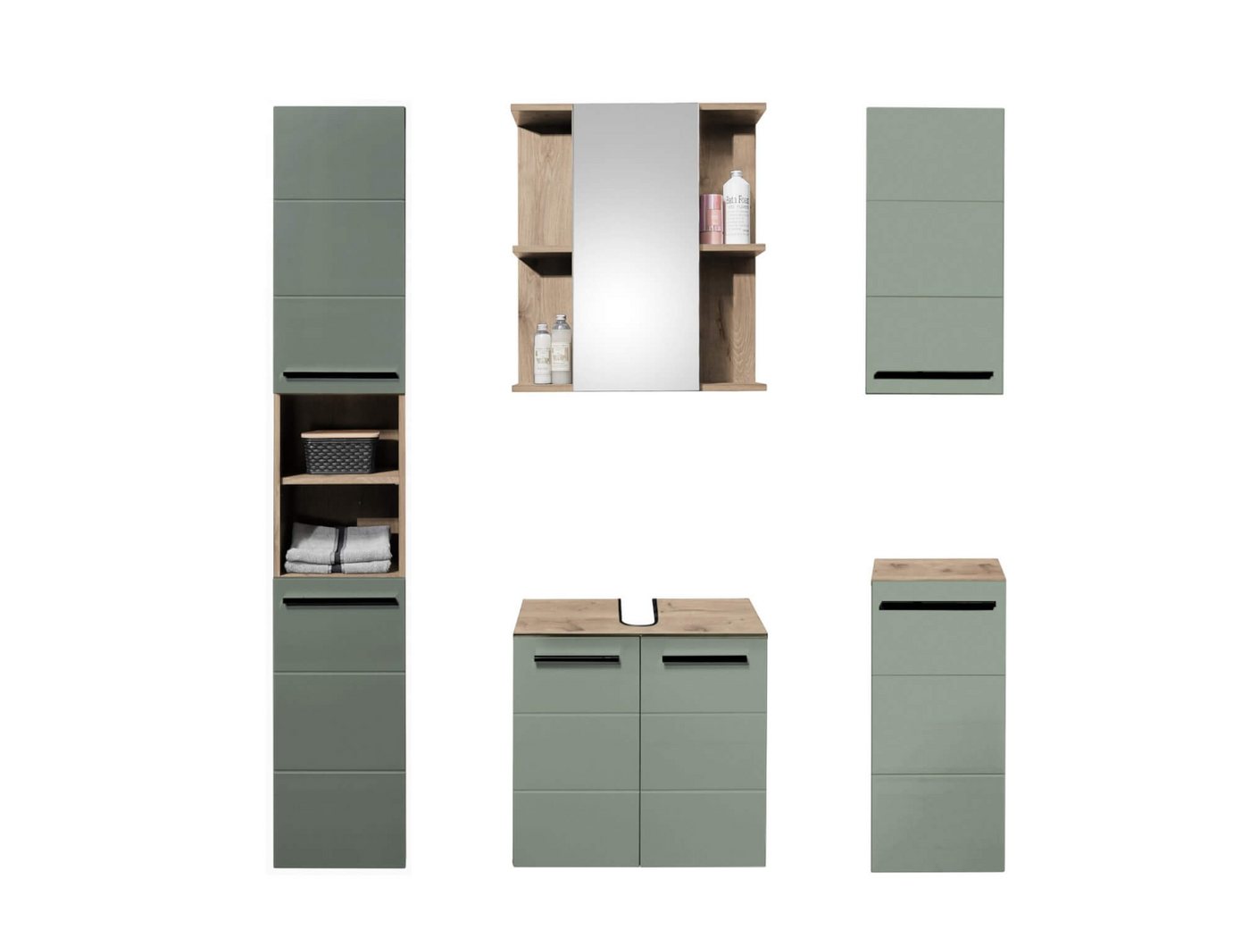 moebel-dich-auf Badezimmer-Set VALENCIA, (Hochschrank, Waschbeckenunterschrank, Spiegelschrank, Hängeschrank, Kommode, MDF-Fronten tiefgezogen, Korpus melaminbeschichtet) Bild 2