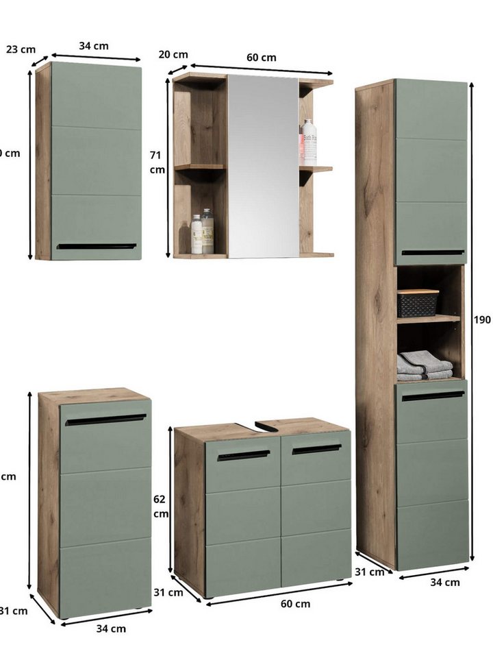 moebel-dich-auf Badezimmer-Set VALENCIA, (Hochschrank, Waschbeckenunterschrank, Spiegelschrank, Hängeschrank, Kommode, MDF-Fronten tiefgezogen, Korpus melaminbeschichtet) Bild 3