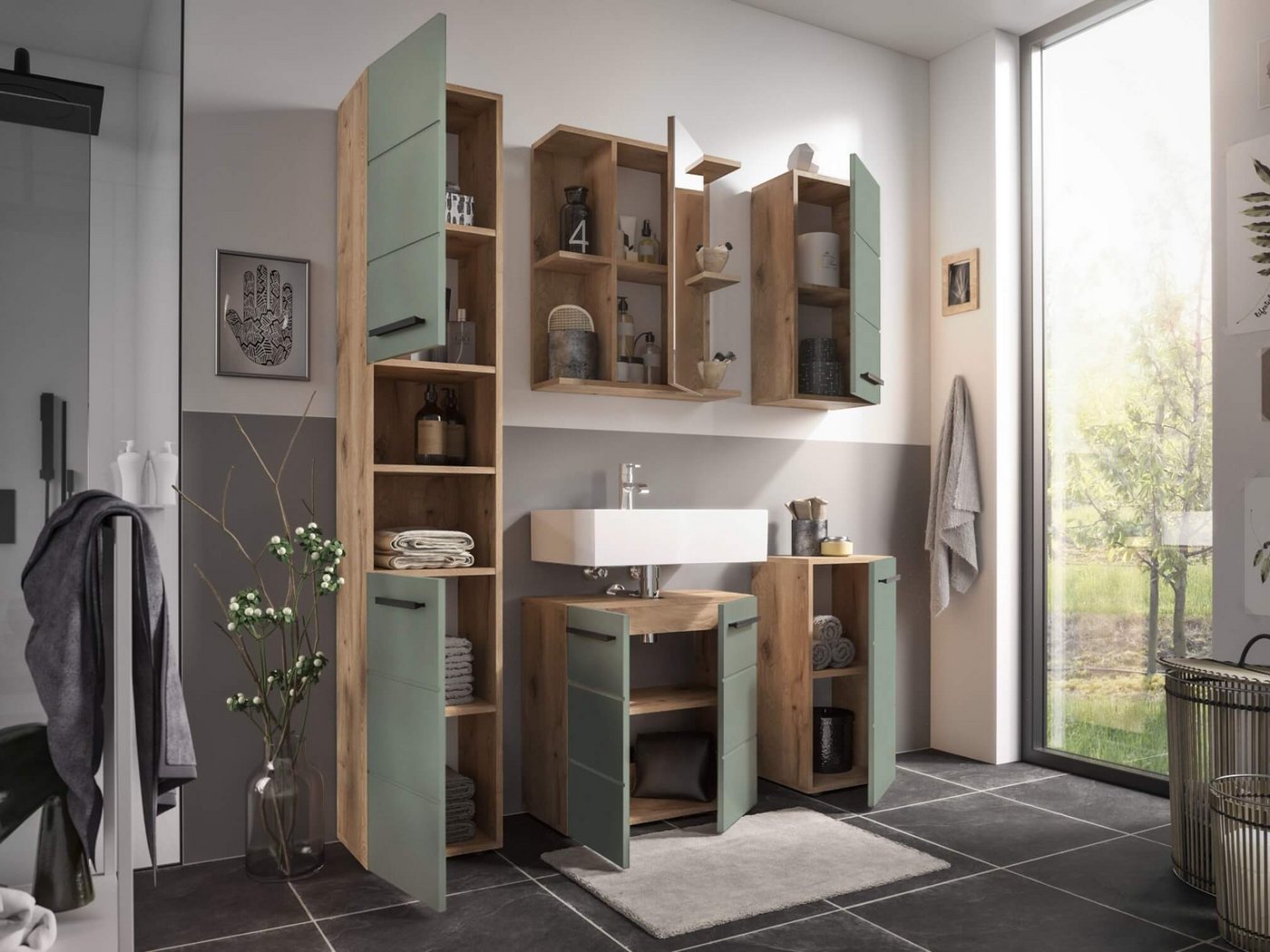 moebel-dich-auf Badezimmer-Set VALENCIA, (Hochschrank, Waschbeckenunterschrank, Spiegelschrank, Hängeschrank, Kommode, MDF-Fronten tiefgezogen, Korpus melaminbeschichtet) Bild 4