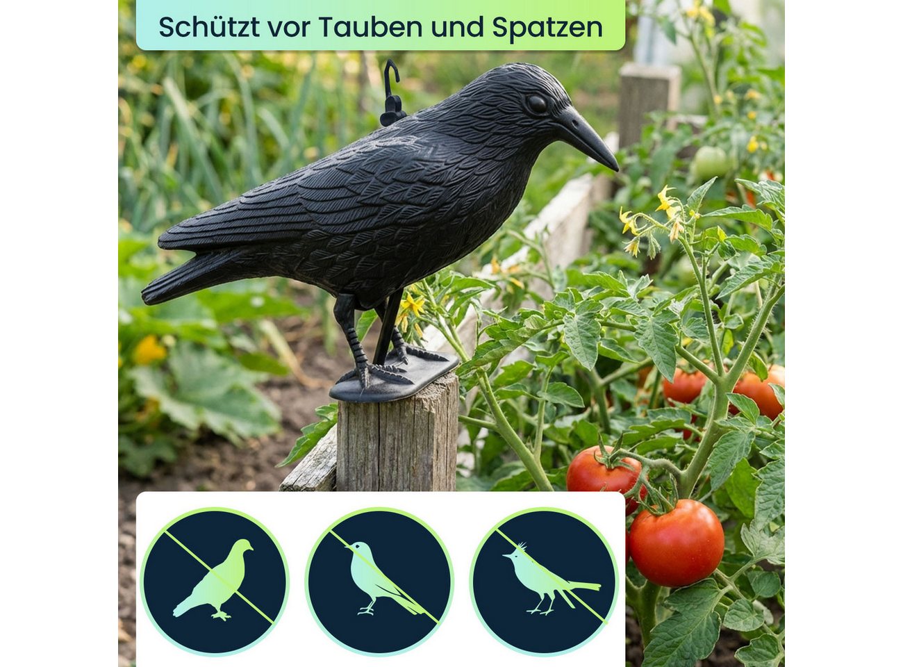 shop'n smile ideoon Vogel-Schreck Wetterfester Rabe zur Vogelabwehr, 35x19x13 cm, Vogelschreck, schwarz, 2-tlg., Raben-Attrappe in Lebensgröße zur Spatzenabwehr Bild 3