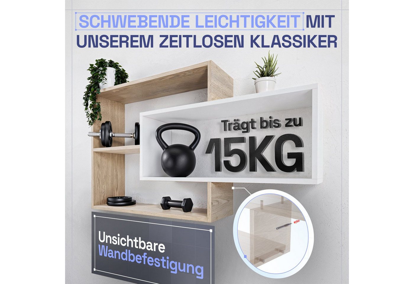 TRAUMMÖBEL Wandregal KARO, Modernes Schweberegal groß Hängeregal Wandregal Natur/Weiß 104x20x59cm Bild 3