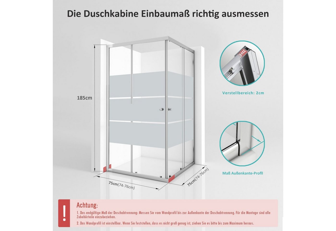 Boromal Eckdusche Duschkabine Schiebetür 75x75 Eckeinstieg Duschabtrennung Duschwand 185, BxT: 75x75 cm, Einscheibensicherheitsglas, Duschwand Duschabtrennung Bild 2