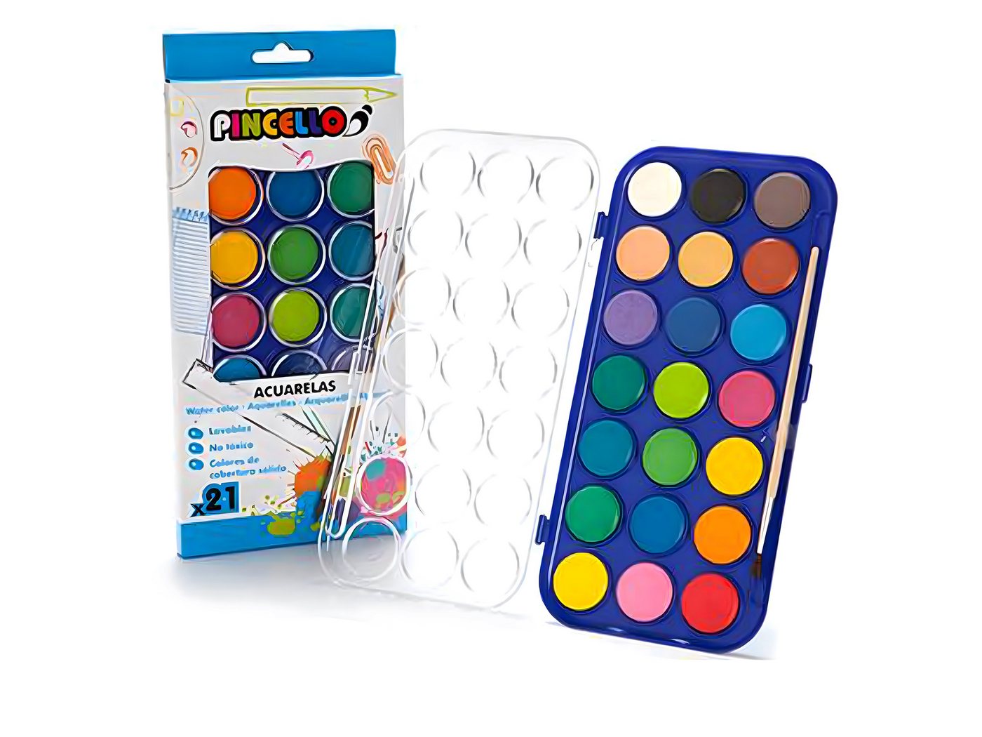Pincello Aquarellfarbe 21 WASSERFARBEN mit Pinsel Aquarell Deckfarbkasten Malkasten 29, Farbkasten Farben Bild 2