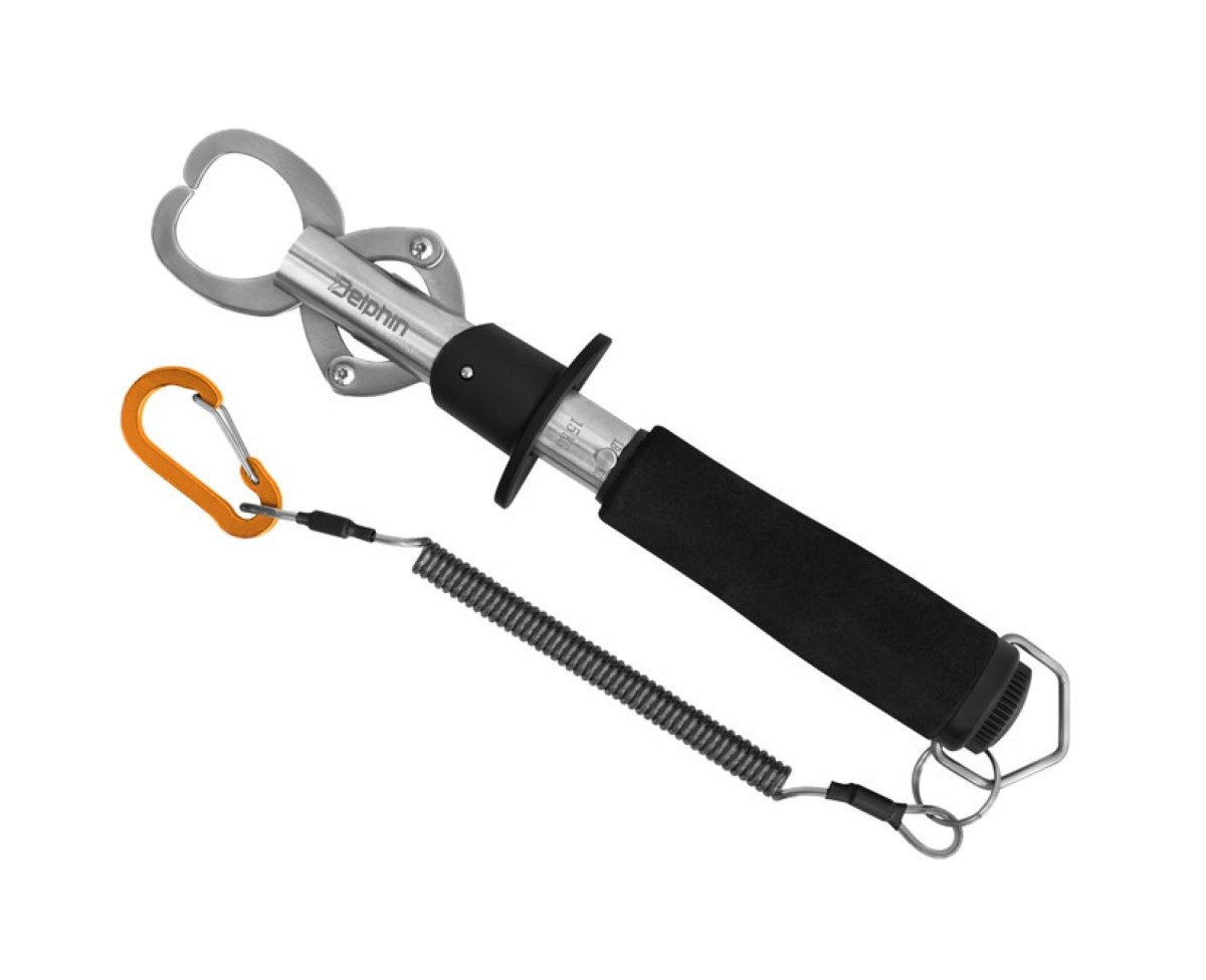 Delphin.sk Anglerzange Fischgreifer CLAMPER mit 15kg Waage Kabel Karabiner Landehilfe Gripper, Spar-Set, Landehilfe aus Metall, mit der Sie große Raubfische bewältigen können