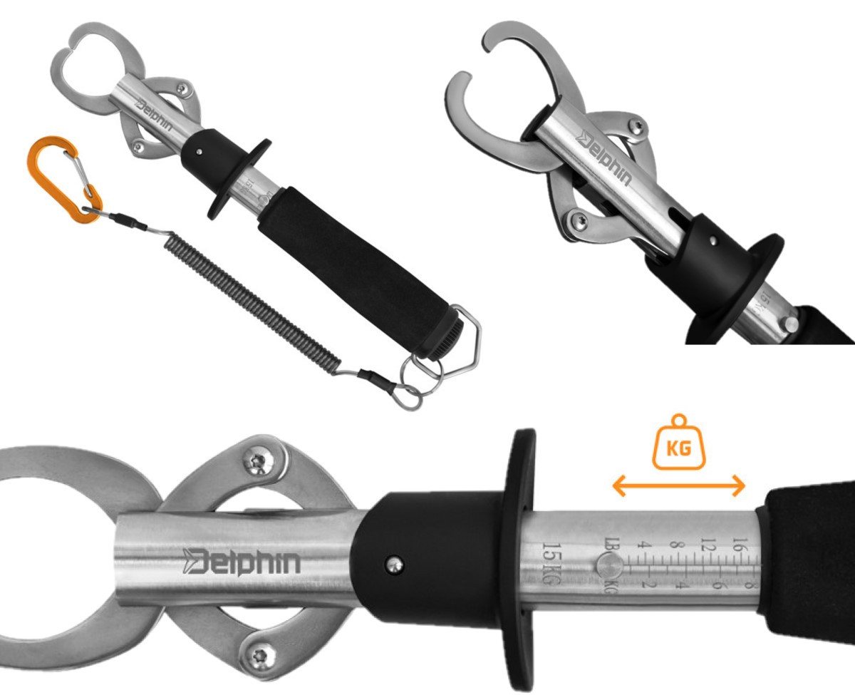 Delphin.sk Anglerzange Fischgreifer CLAMPER mit 15kg Waage Kabel Karabiner Landehilfe Gripper, Spar-Set, Landehilfe aus Metall, mit der Sie große Raubfische bewältigen können Bild 2