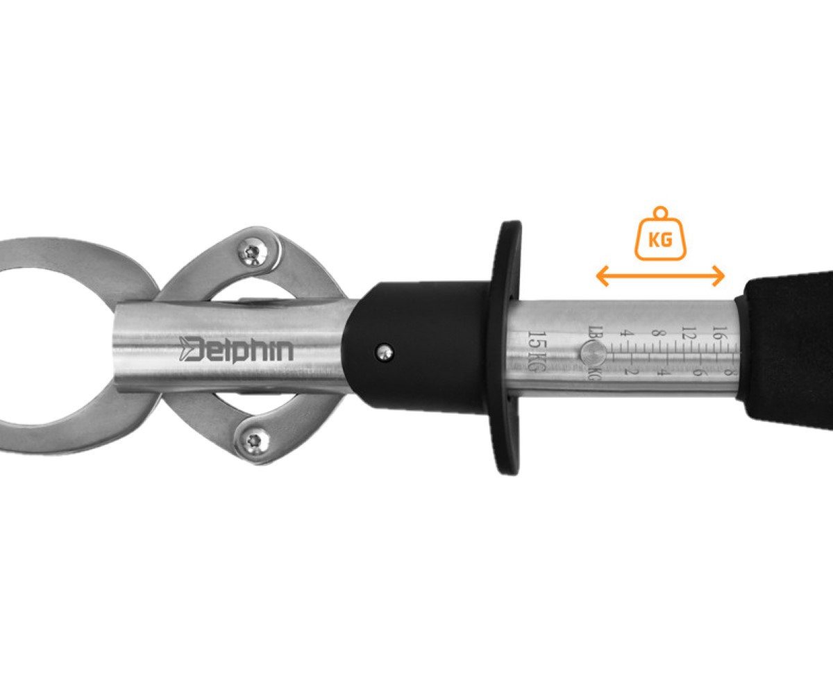 Delphin.sk Anglerzange Fischgreifer CLAMPER mit 15kg Waage Kabel Karabiner Landehilfe Gripper, Spar-Set, Landehilfe aus Metall, mit der Sie große Raubfische bewältigen können Bild 3