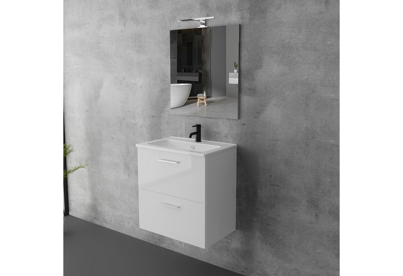 Vitra Badmöbel-Set mit Waschbecken und LED Badspiegel – Waschtisch mit Unterschrank, (Waschbecken mit Unterschrank 60 cm Breit, Waschbeckenunterschrank Weiss), Badezimmerschrank mit Spiegel mit Beleuchtung