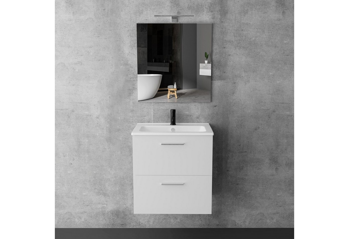 Vitra Badmöbel-Set mit Waschbecken und LED Badspiegel – Waschtisch mit Unterschrank, (Waschbecken mit Unterschrank 60 cm Breit, Waschbeckenunterschrank Weiss), Badezimmerschrank mit Spiegel mit Beleuchtung Bild 2