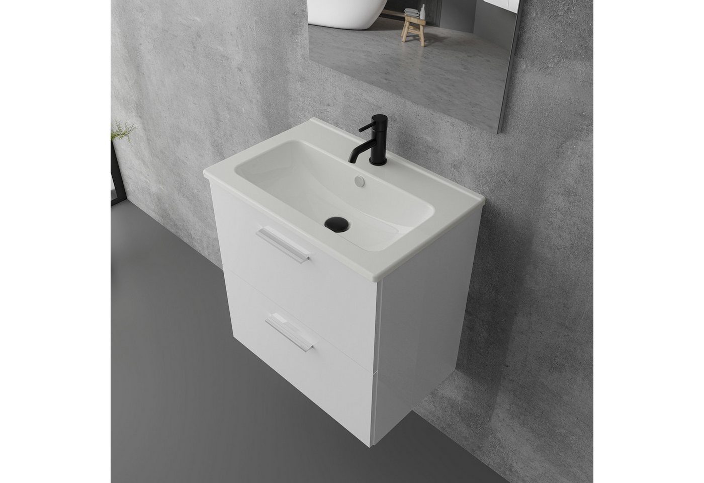 Vitra Badmöbel-Set mit Waschbecken und LED Badspiegel – Waschtisch mit Unterschrank, (Waschbecken mit Unterschrank 60 cm Breit, Waschbeckenunterschrank Weiss), Badezimmerschrank mit Spiegel mit Beleuchtung Bild 3