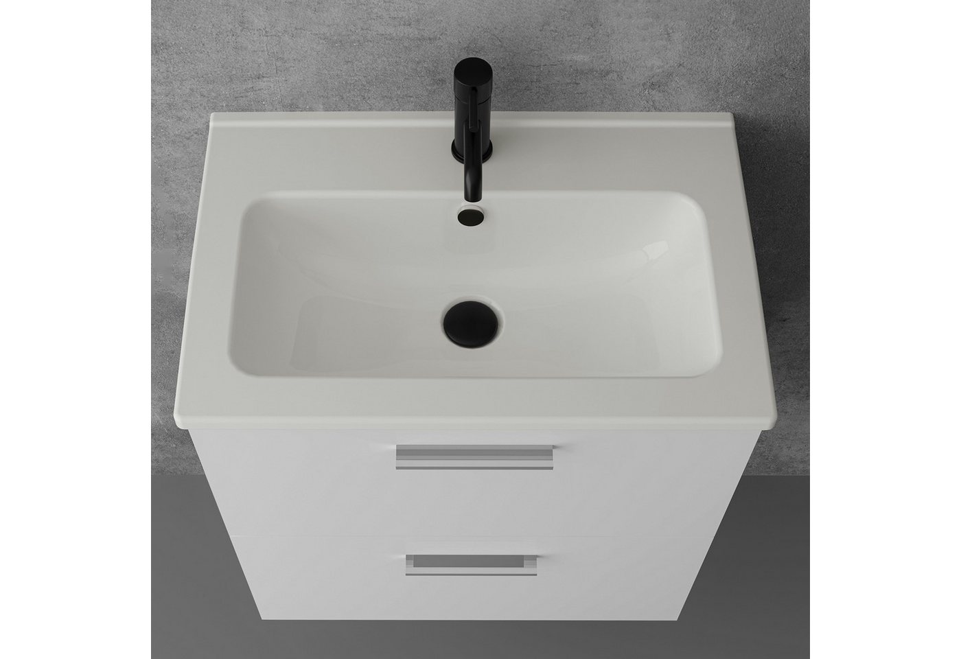 Vitra Badmöbel-Set mit Waschbecken und LED Badspiegel – Waschtisch mit Unterschrank, (Waschbecken mit Unterschrank 60 cm Breit, Waschbeckenunterschrank Weiss), Badezimmerschrank mit Spiegel mit Beleuchtung Bild 4