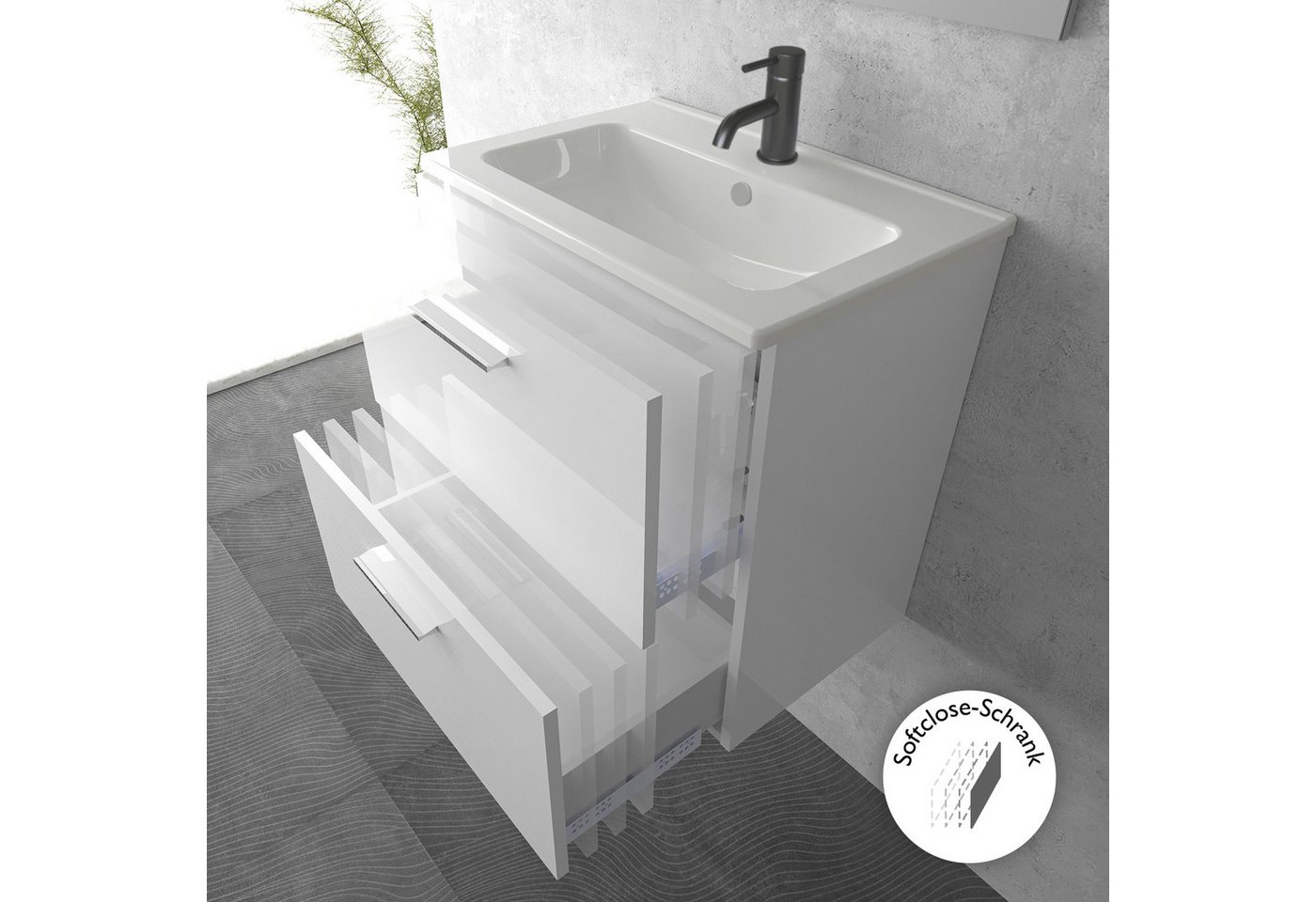 Vitra Badmöbel-Set mit Waschbecken und LED Badspiegel – Waschtisch mit Unterschrank, (Waschbecken mit Unterschrank 60 cm Breit, Waschbeckenunterschrank Weiss), Badezimmerschrank mit Spiegel mit Beleuchtung Bild 5